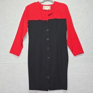 VTG California Gold Rush Red Black Polka Dot Button Sheath Dress‎ Size 11 12
